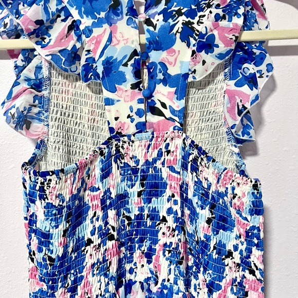 Melloday Floral flutter sleeves smocked Maxi Dress in Blue and Pink  SMALL - Picture 9 of 16
